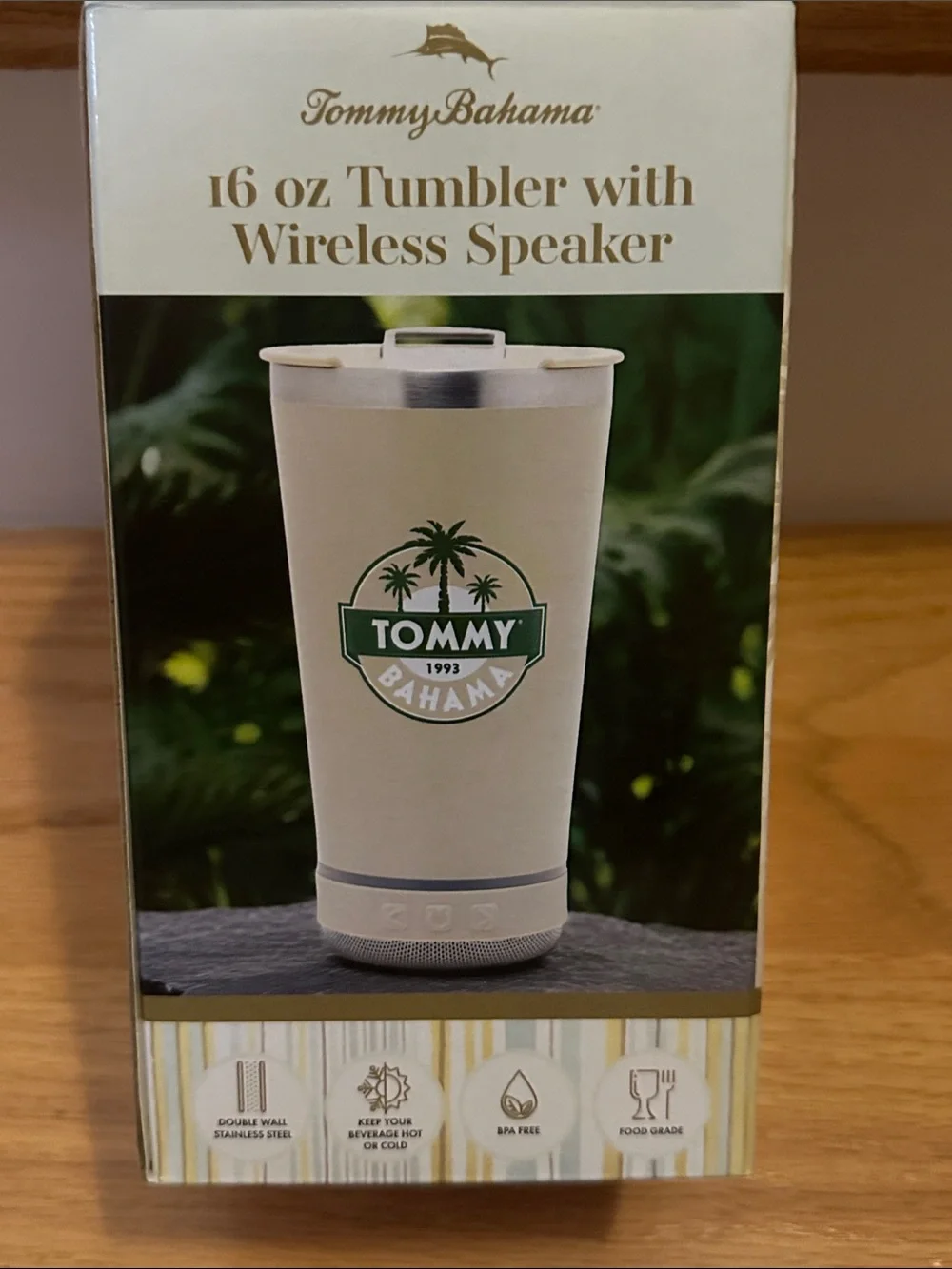 Tommy Bahama Cream Travel Tumbler with Bluetooth Speaker